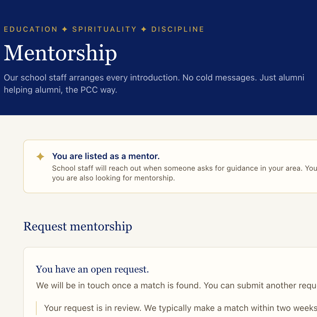 The Mentorship page: our school staff arranges every introduction, no cold messages, just alumni helping alumni.