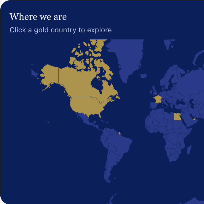 A world map with the countries where graduates now live shaded gold.